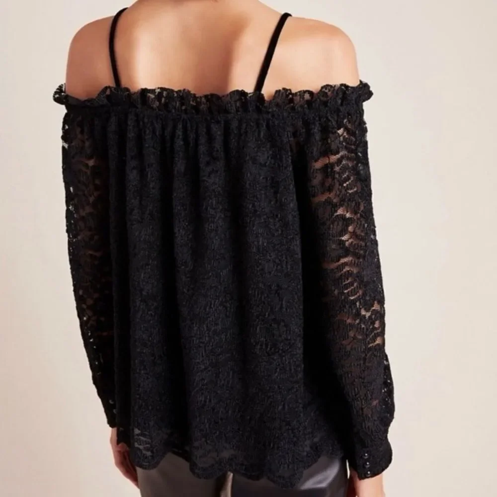 Anthropologie Eri + Ali Romana Lace Off The Shoulder Lined Top Blouse Black Sm
